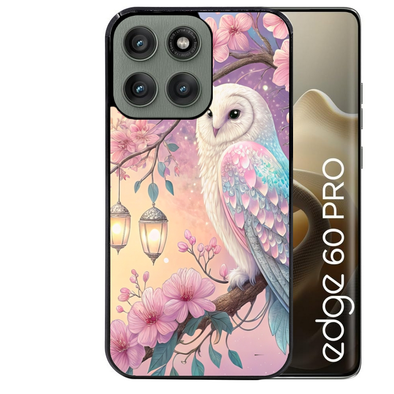 Coque noire taperso pour Moto Edge 60 et Neo Fusion Pro avec motif chouette cerisier protection antichoc personnalisée