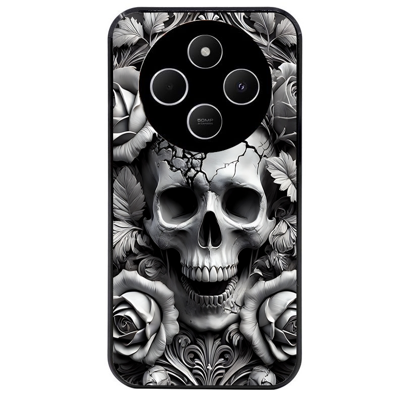 Coque noire taperso pour POCO C75 avec motif tete de mort fleur protection antichoc personnalisée