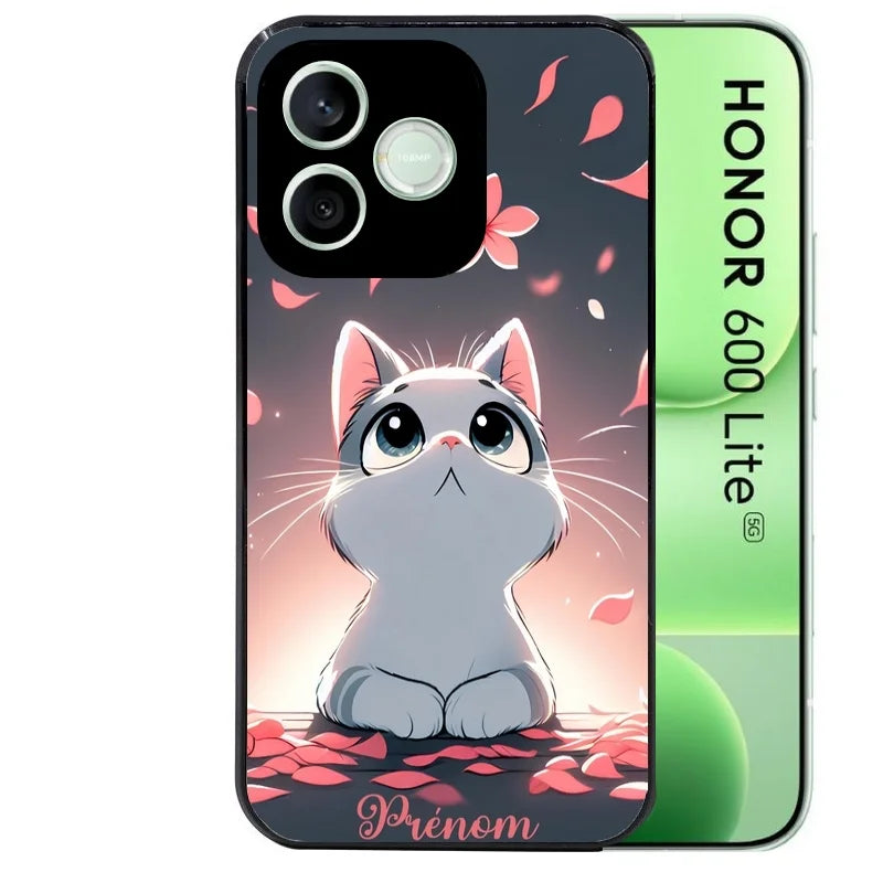 Coque noire pour Honor 600 LITE avec motif chat anime avec votre prenom protection antichoc personnalisée