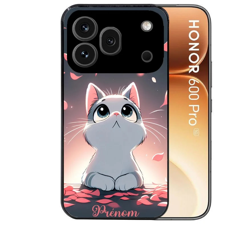 Coque noire taperso pour Honor 600 et 600 PRO avec motif chat anime avec votre prenom protection antichoc personnalisée