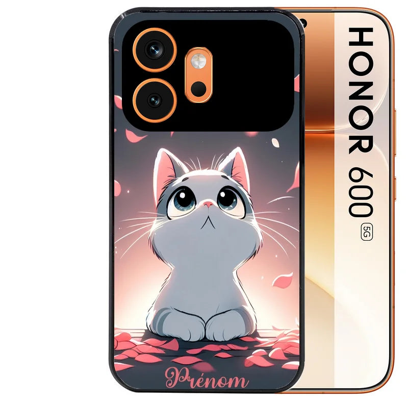 Coque noire taperso pour Honor 600 et 600 PRO avec motif chat anime avec votre prenom protection antichoc personnalisée