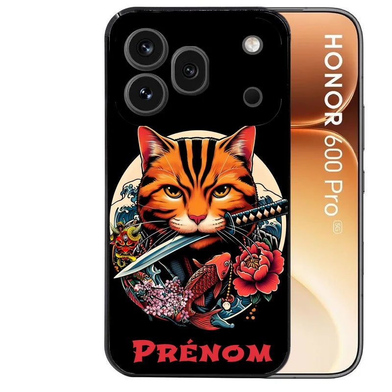 Coque noire taperso pour Honor 600 et 600 PRO avec motif chat carpe koii japan protection antichoc personnalisée