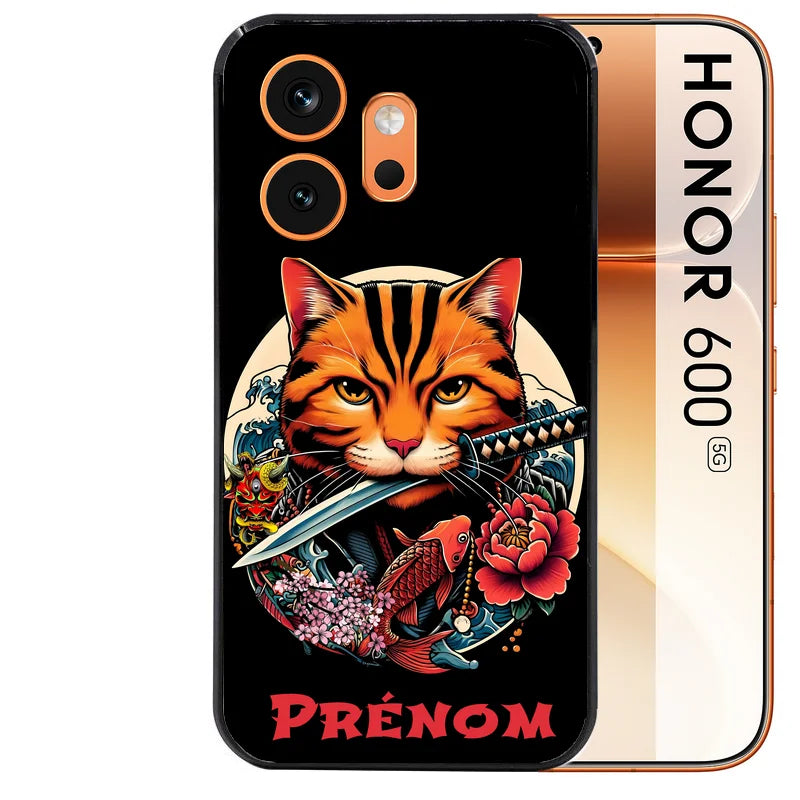 Coque noire taperso pour Honor 600 et 600 PRO avec motif chat carpe koii japan protection antichoc personnalisée