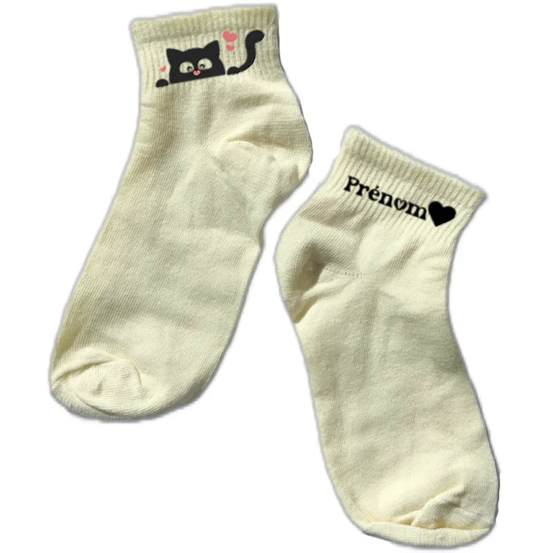 Chaussette courte personnalisée chat coeur disponible en blanc, rose, vert, jaune, violet et bleu