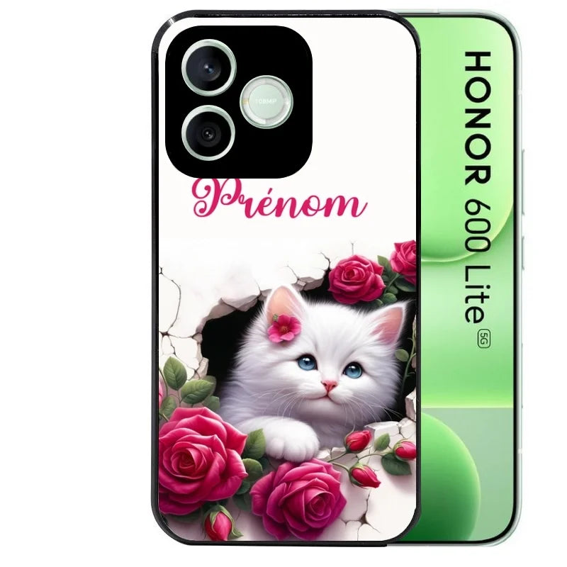 Coque noire pour Honor 600 LITE avec motif chat fleurs personnaliséee protection antichoc personnalisée