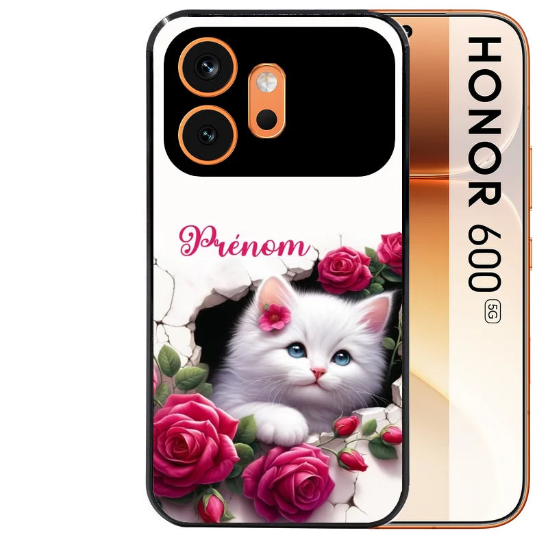 Coque noire taperso pour Honor 600 et 600 PRO avec motif chat fleurs personnalisee protection antichoc personnalisée