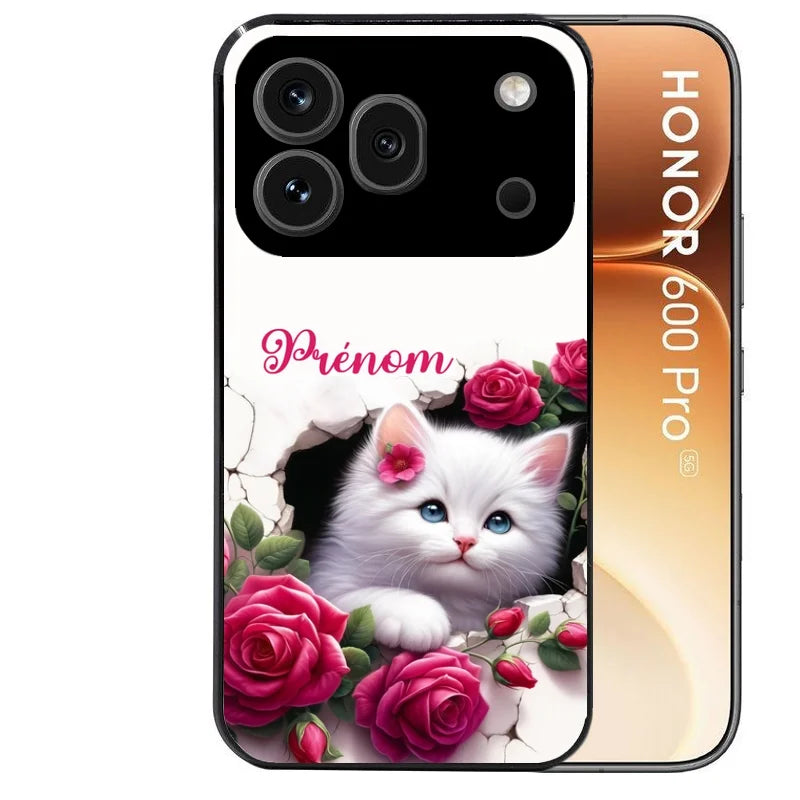 Coque noire taperso pour Honor 600 et 600 PRO avec motif chat fleurs personnalisee protection antichoc personnalisée
