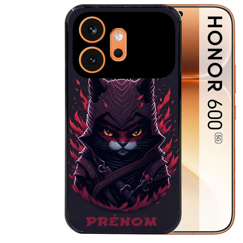 Coque noire taperso pour Honor 600 et 600 PRO avec motif chat samourai protection antichoc personnalisée