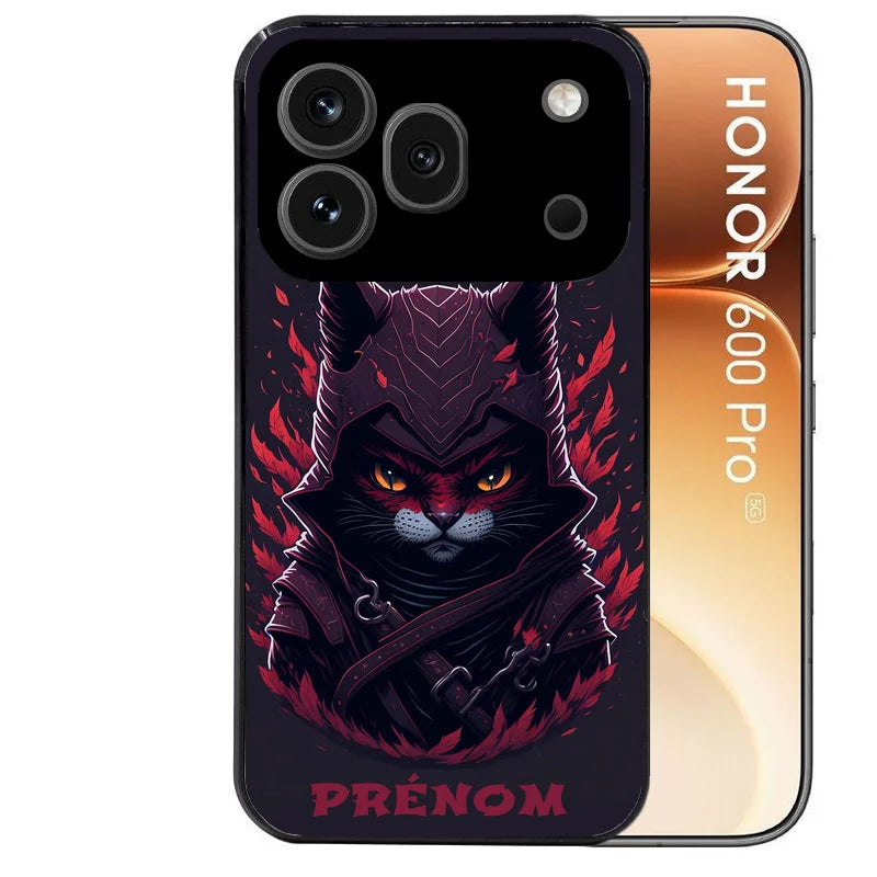 Coque noire taperso pour Honor 600 et 600 PRO avec motif chat samourai protection antichoc personnalisée