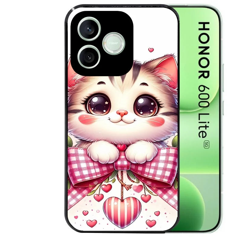 Coque noire pour Honor 600 LITE avec motif chat noeud et coeur protection antichoc personnalisée