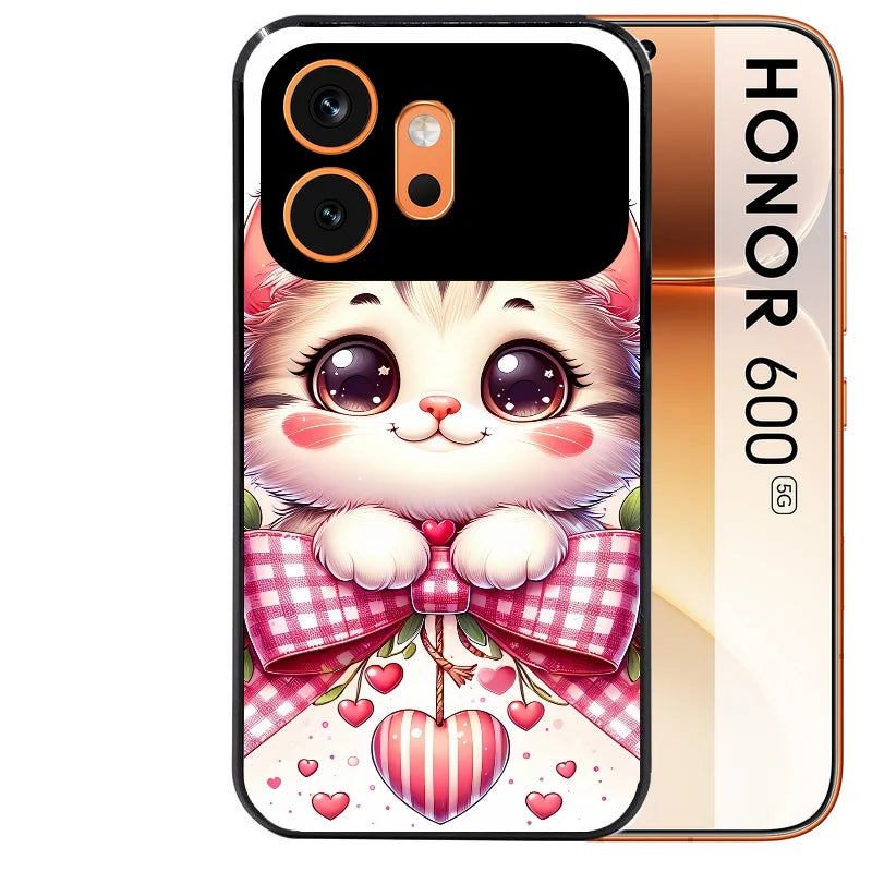 Coque noire taperso pour Honor 600 et 600 PRO avec motif chat noeud et coeur protection antichoc personnalisée