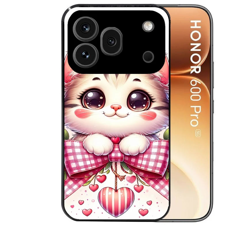 Coque noire taperso pour Honor 600 et 600 PRO avec motif chat noeud et coeur protection antichoc personnalisée