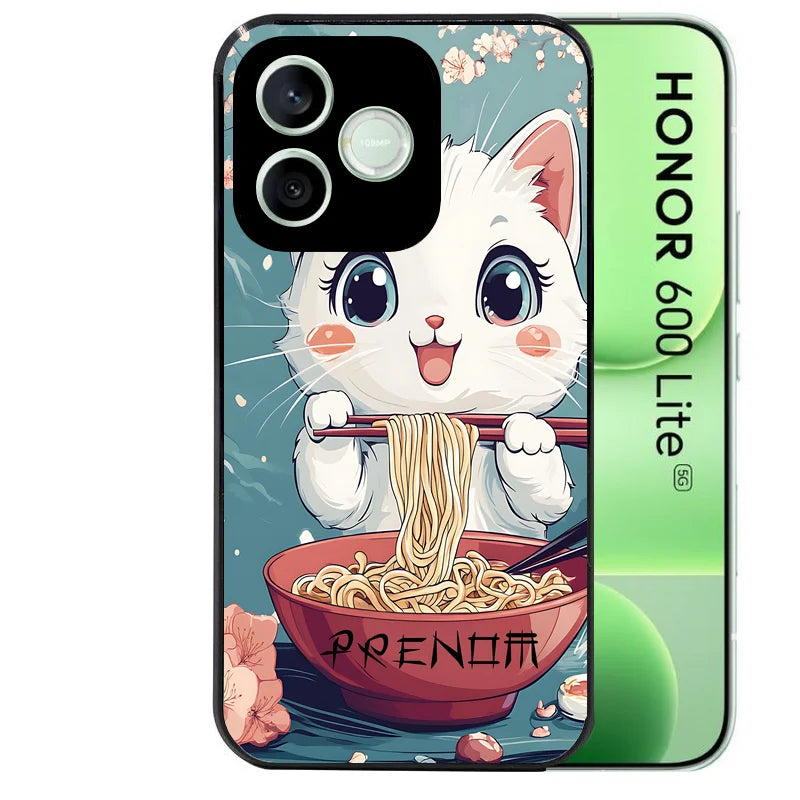 Coque noire pour Honor 600 LITE avec motif chat ramen cerisier protection antichoc personnalisée