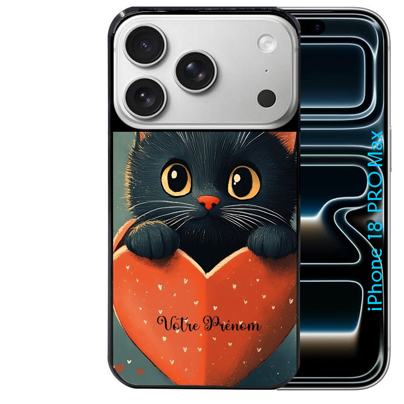 Coque pour Iphone 18 / PRO / PRO MAX / 18E personnalisée chat et coeur prenom