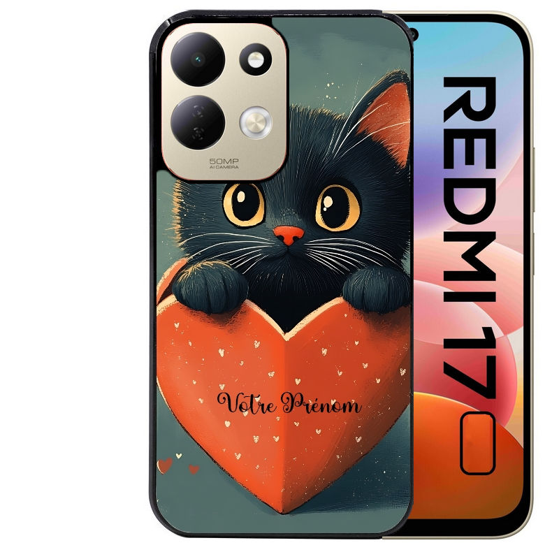Coque pour Redmi 17 et 17C 4G 5G personnalisée chat et coeur prenom