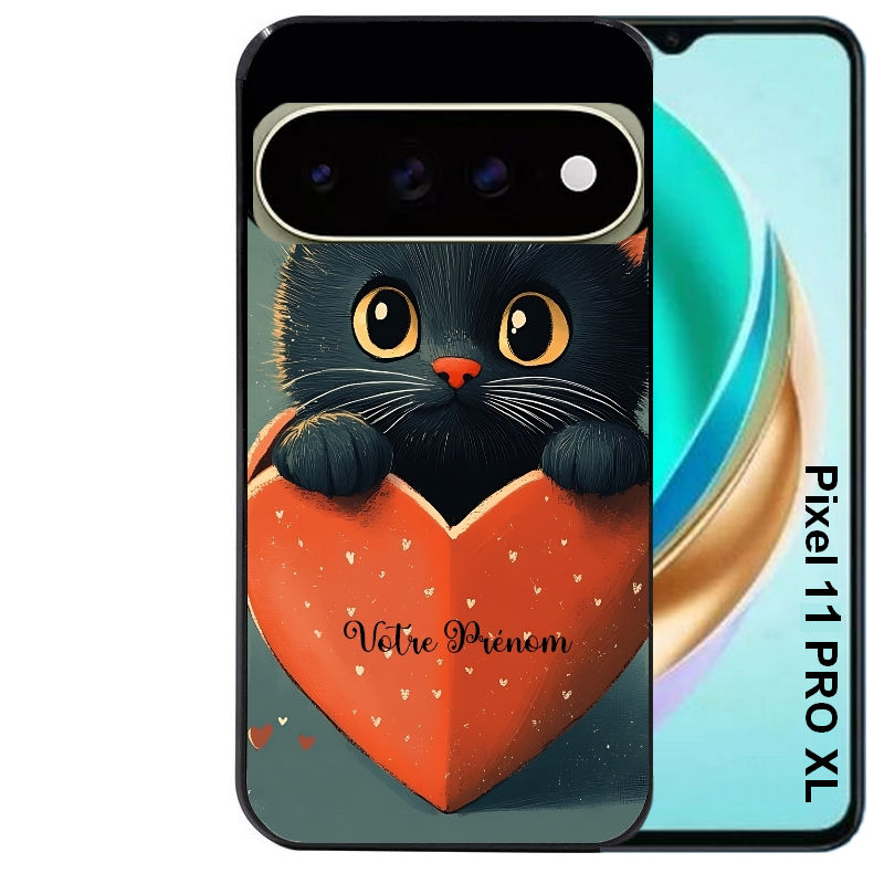 Coque pour Pixel 10 / 11 / PRO / XL personnalisée chat et coeur prenom