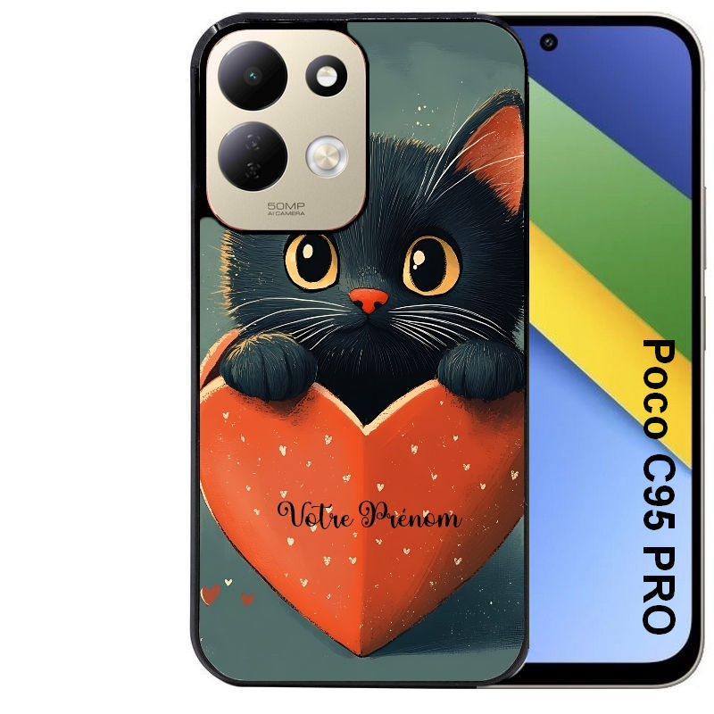 Coque pour POCO C95 PRO personnalisée chat et coeur prenom