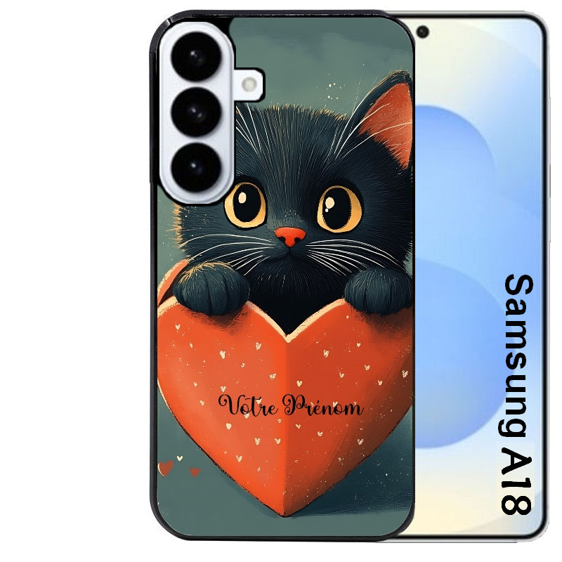 Coque pour Galaxy A08 A18 A28 A38 A58 personnalisée chat et coeur prenom