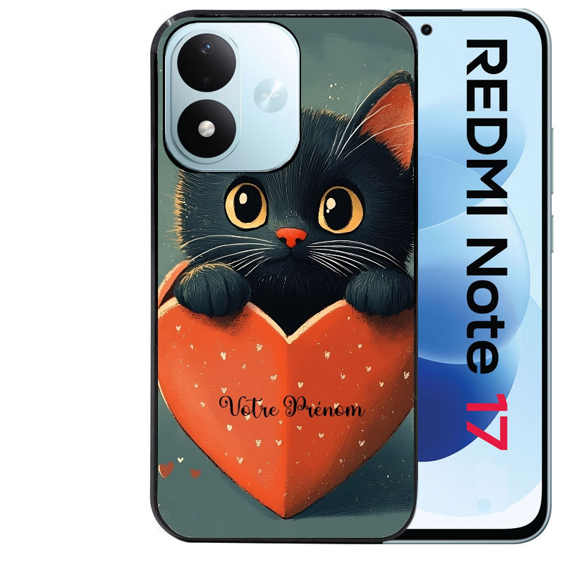 Coque pour Redmi Note 17 et PRO 4G 5G Max personnalisée chat et coeur prenom