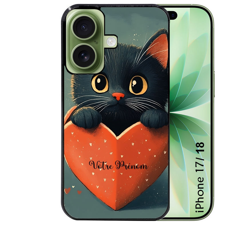 Coque pour Iphone 18 / PRO / PRO MAX / 18E personnalisée chat et coeur prenom