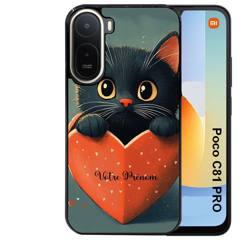 Coque pour POCO C81 PRO personnalisée chat et coeur prenom