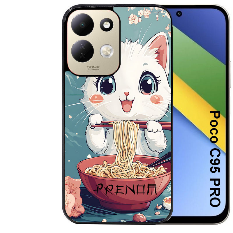 Coque pour POCO C95 PRO chat ramen cerisier