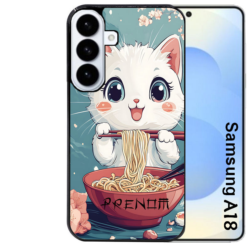 Coque pour Galaxy A08 A18 A28 A38 A58 chat ramen cerisier
