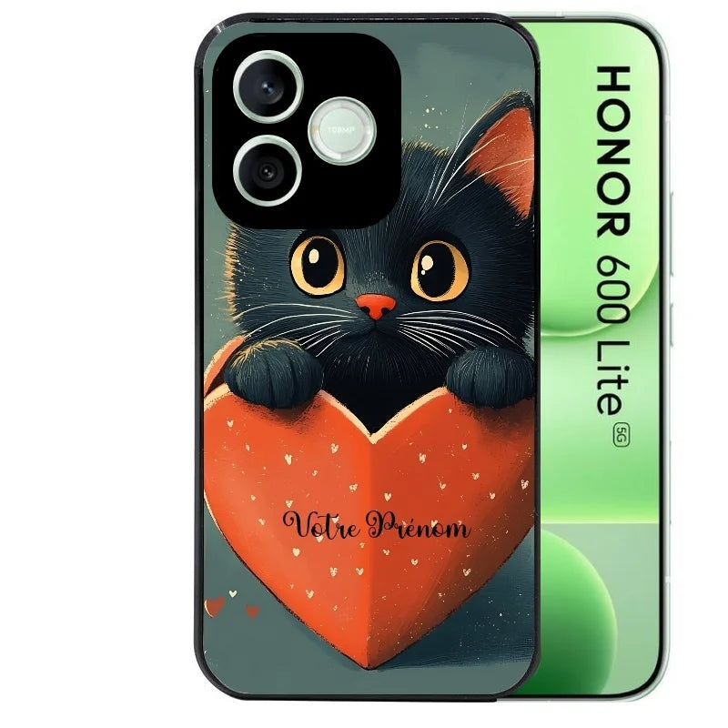 Coque pour Honor 600 LITE chat et coeur prenom