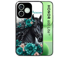 Coque noire pour Honor 600 LITE avec motif cheval et fleurs personnaliséee protection antichoc personnalisée