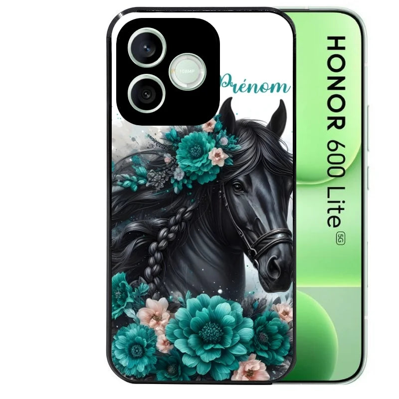 Coque noire pour Honor 600 LITE avec motif cheval et fleurs personnaliséee protection antichoc personnalisée