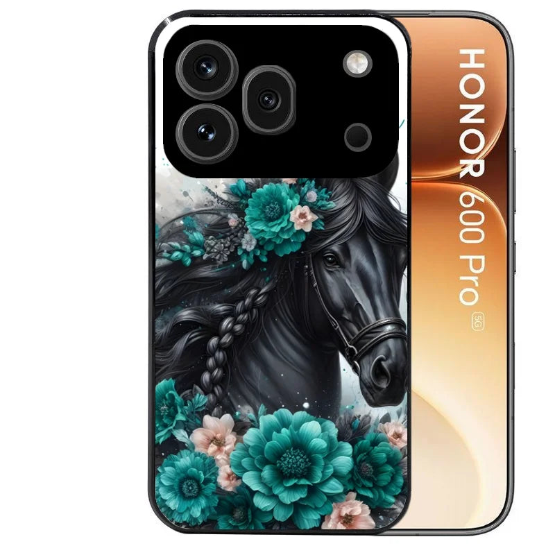 Coque noire taperso pour Honor 600 et 600 PRO avec motif cheval et fleurs personnalisee protection antichoc personnalisée