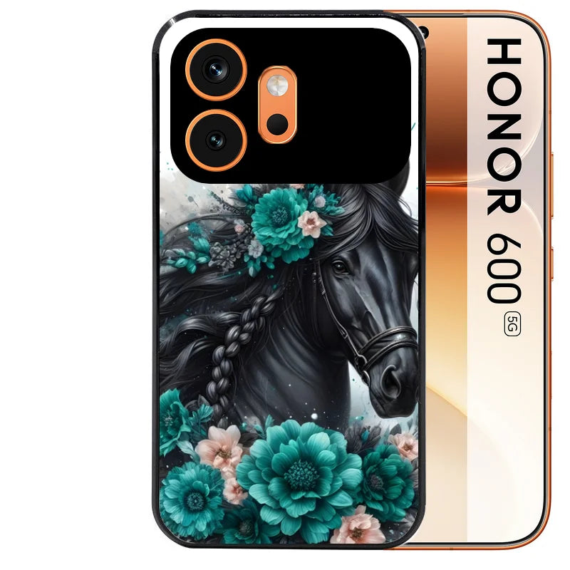 Coque noire taperso pour Honor 600 et 600 PRO avec motif cheval et fleurs personnalisee protection antichoc personnalisée