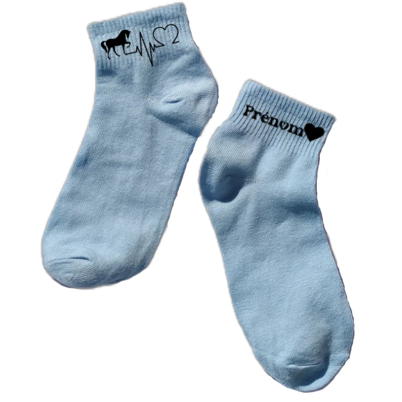 Chaussette courte personnalisée cheval equitation disponible en blanc, rose, vert, jaune, violet et bleu