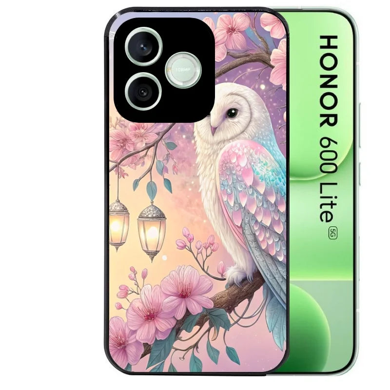 Coque noire pour Honor 600 LITE avec motif chouette cerisier protection antichoc personnalisée