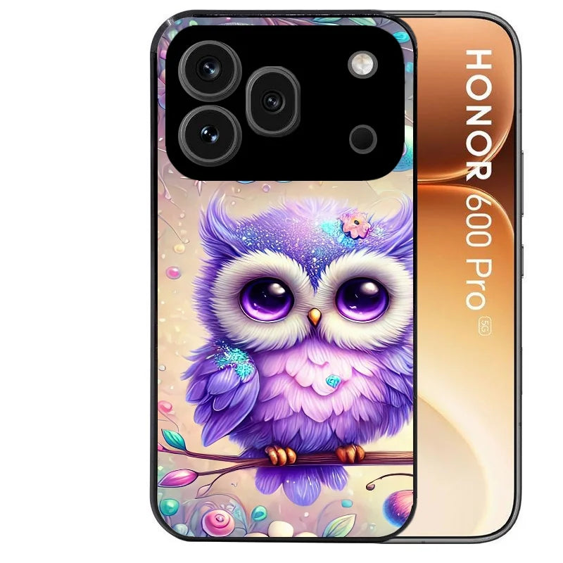 Coque noire taperso pour Honor 600 et 600 PRO avec motif chouette violette protection antichoc personnalisée