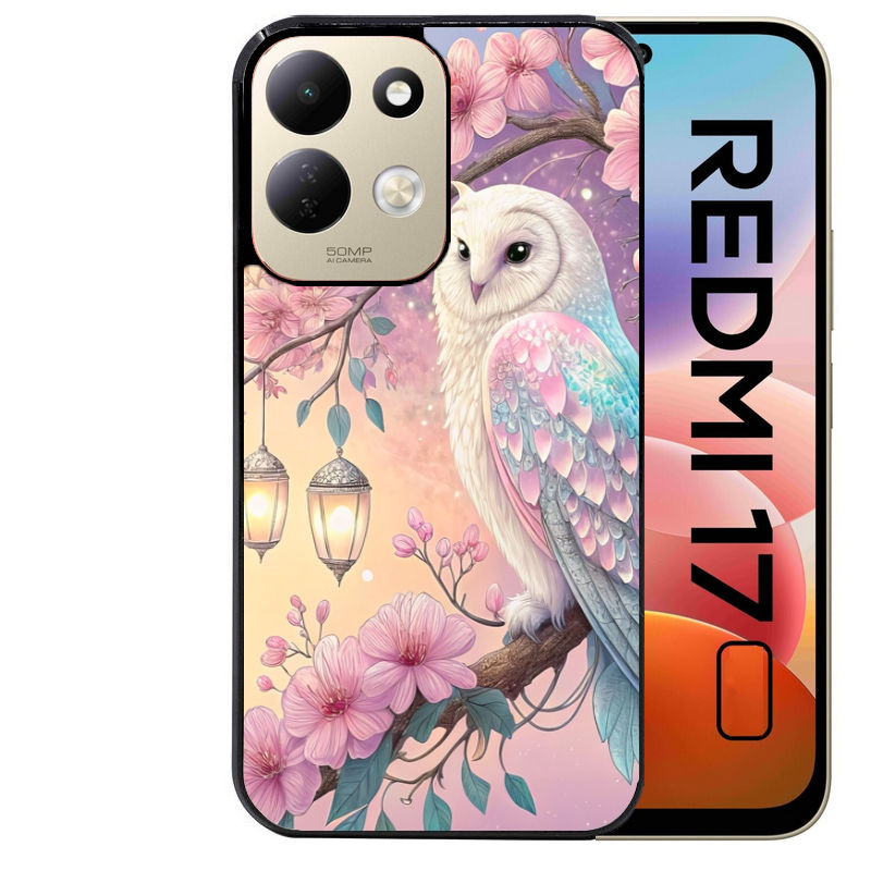 Coque pour Redmi 17 et 17C 4G 5G chouette cerisier