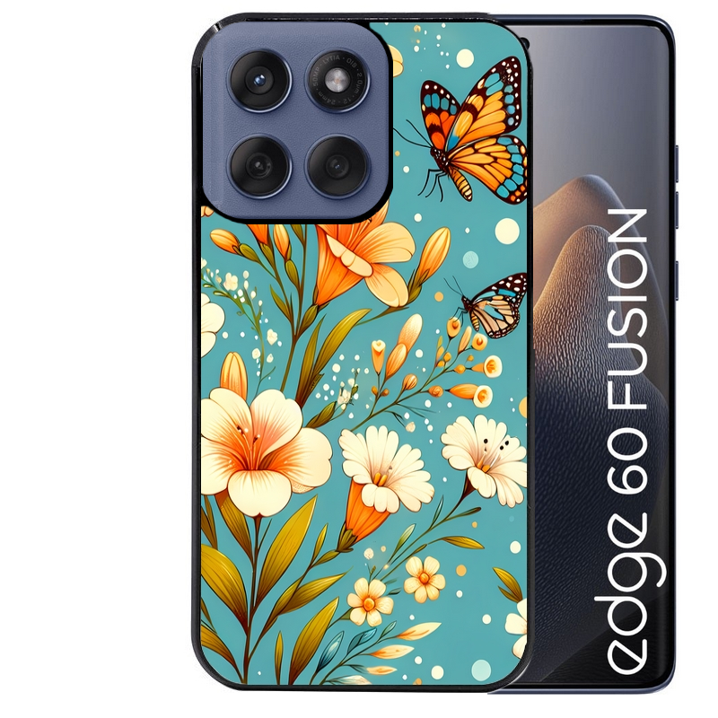 Coque noire taperso pour Moto Edge 60 et Neo Fusion Pro avec motif fleur orange protection antichoc personnalisée