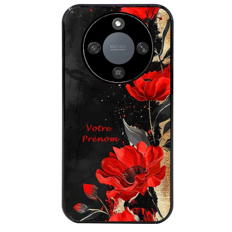 Coque noire taperso pour Magic 5 6 LITE et PRO avec motif fleur rouge avec prenom protection antichoc personnalisée