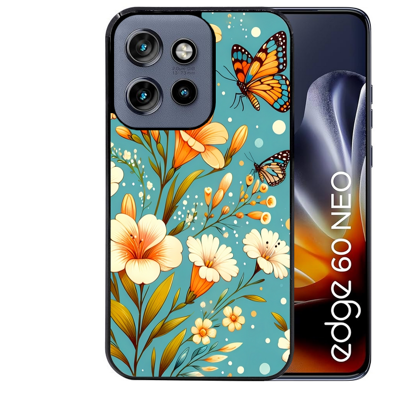 Coque noire taperso pour Moto Edge 60 et Neo Fusion Pro avec motif fleur orange protection antichoc personnalisée