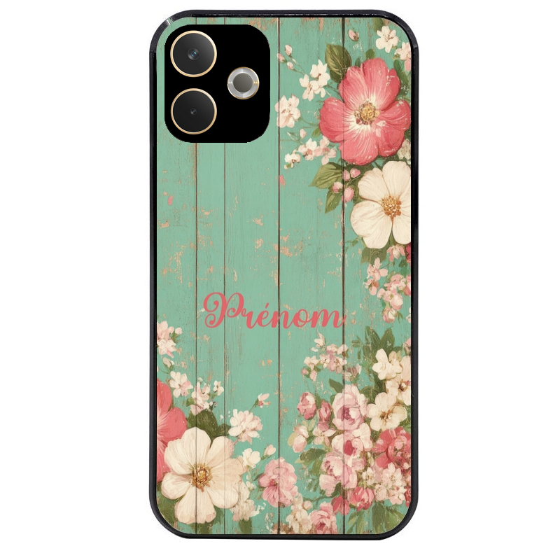 Coque noire taperso pour OPPO A5 PRO 4G et 5G avec motif bois et fleur avec votre prenom protection antichoc personnalisée