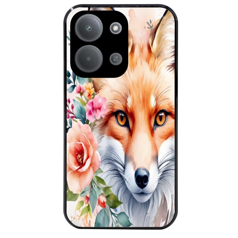 Coque noire taperso pour POCO C85 avec motif renard fox et fleurs protection antichoc personnalisée