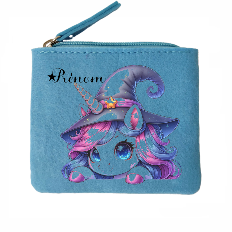 Porte monnaie personnalisé licorne magic en feutrine en feutrine