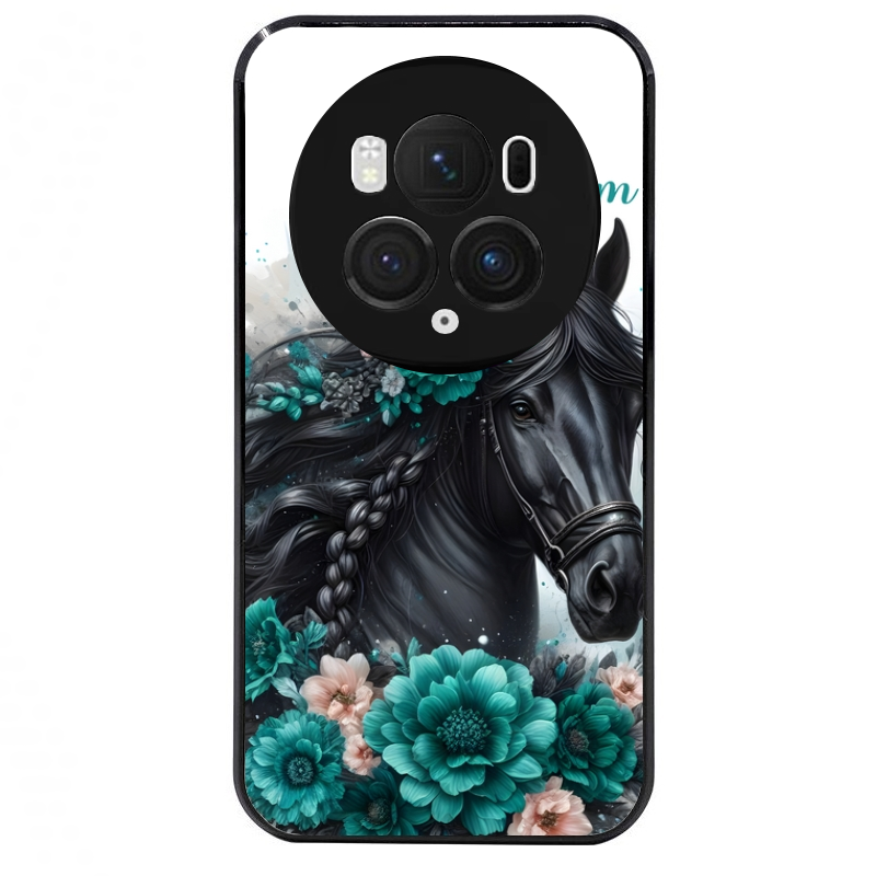 Coque noire taperso pour Magic 5 6 LITE et PRO avec motif cheval et fleurs personnalisee protection antichoc personnalisée