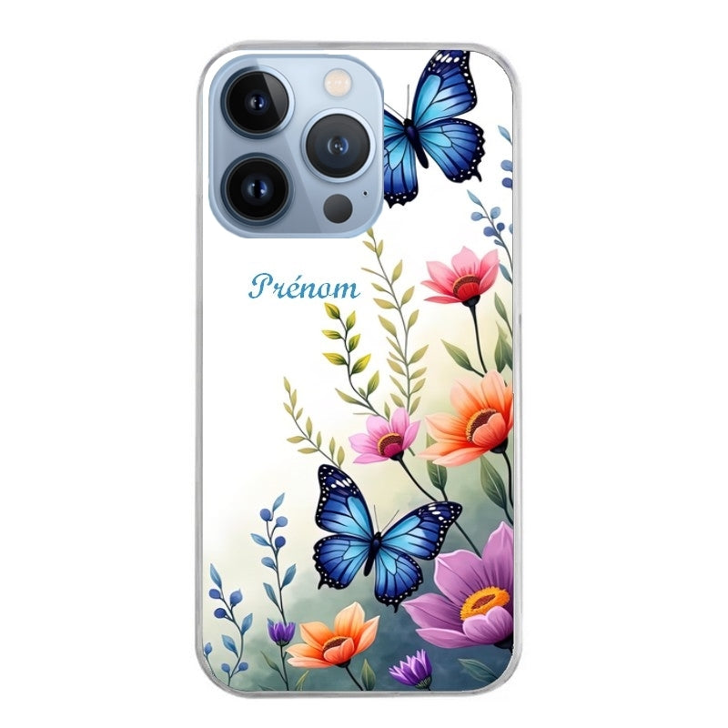 Coque taperso pour Iphone 14 et PRO PLUS PRO MAX avec motif papillon prenom personnalisee protection antichoc personnalisée
