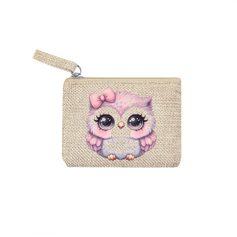 Pochette personnalisée motif chouette chibi en toile et simili cuir personnalisée