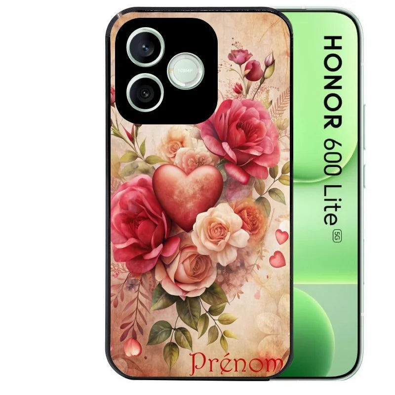Coque noire pour Honor 600 LITE avec motif coeur et fleur personnaliséee protection antichoc personnalisée