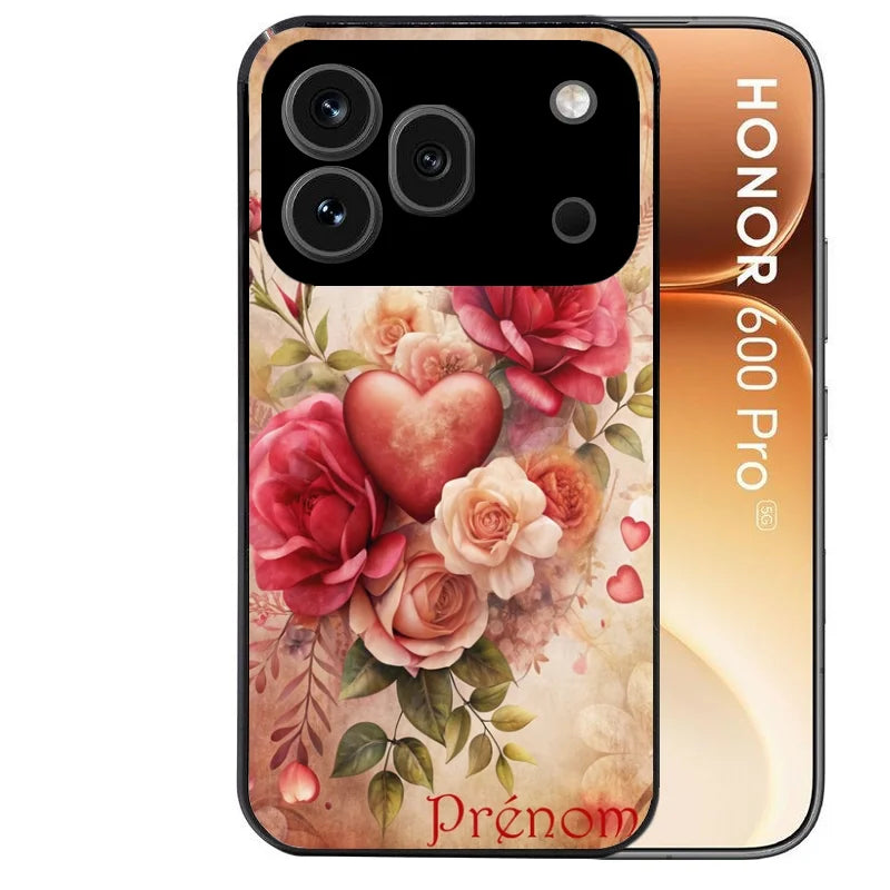 Coque noire taperso pour Honor 600 et 600 PRO avec motif coeur et fleur personnalisee protection antichoc personnalisée