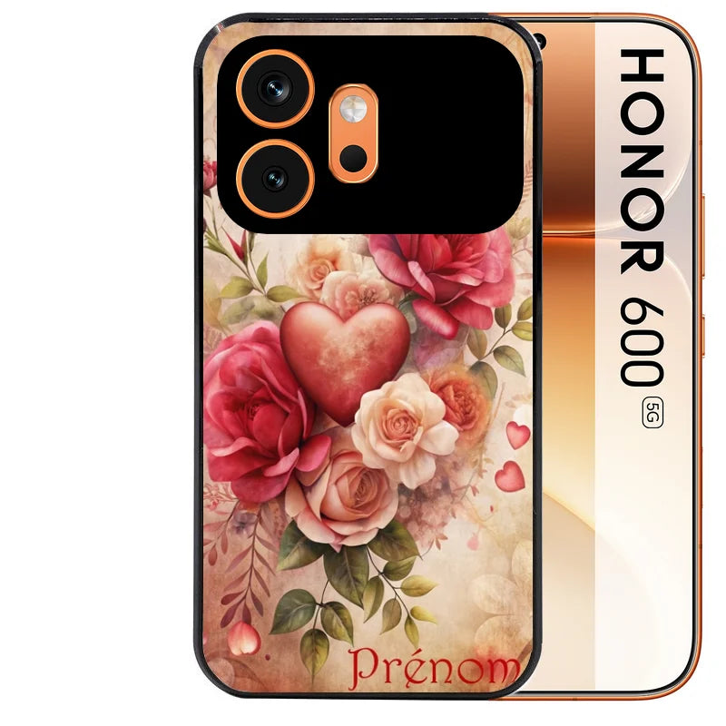 Coque noire taperso pour Honor 600 et 600 PRO avec motif coeur et fleur personnalisee protection antichoc personnalisée
