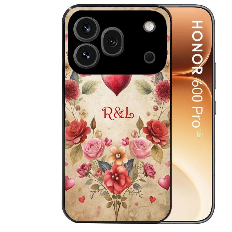 Coque noire taperso pour Honor 600 et 600 PRO avec motif coeur vintage et initiales personnalisee protection antichoc personnalisée