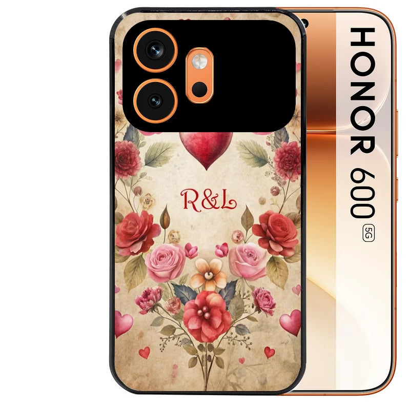 Coque noire taperso pour Honor 600 et 600 PRO avec motif coeur vintage et initiales personnalisee protection antichoc personnalisée